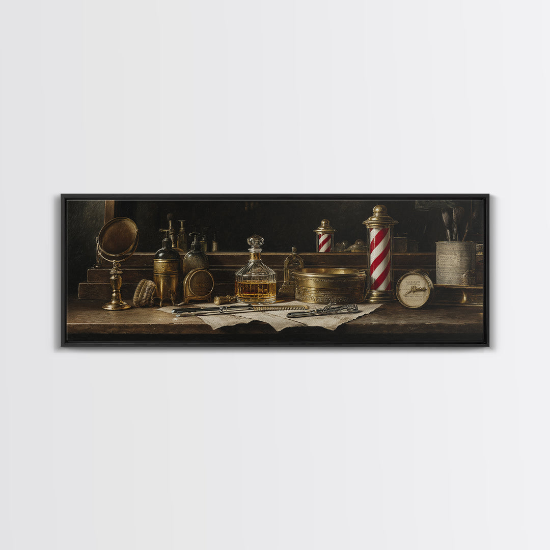 Whiskey and Straight Razor Masculine Still Life Canvas Print, Barbershop Art, Oil Painting, Barbershop Decor, Grooming, BAA-3x1-71