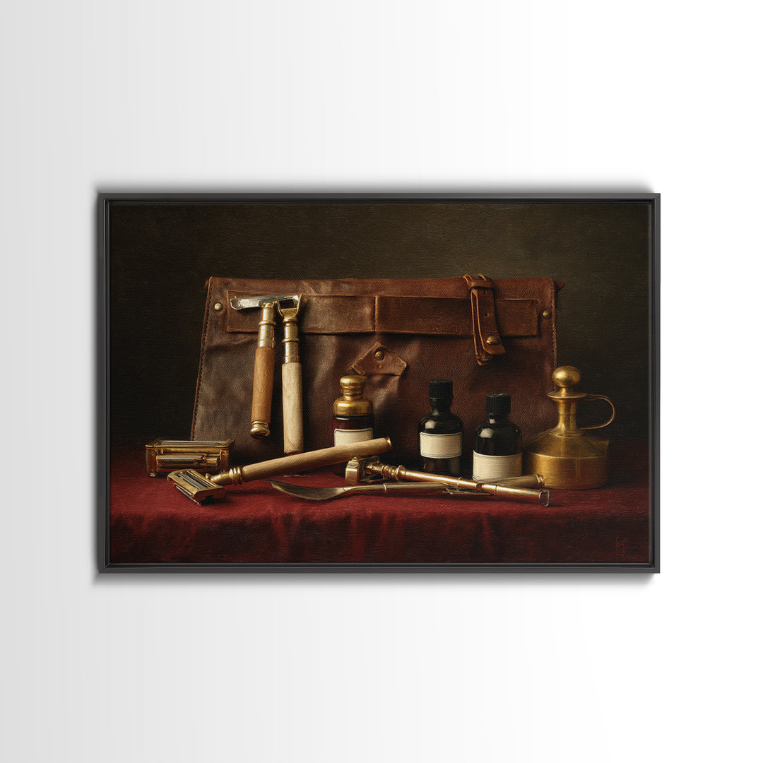 Leather Apron and Brass Tools Still Life Framed Canvas Print, Barbershop Art, Minimalist Decor, Barbershop Decor, Grooming, BAA-3x2-2
