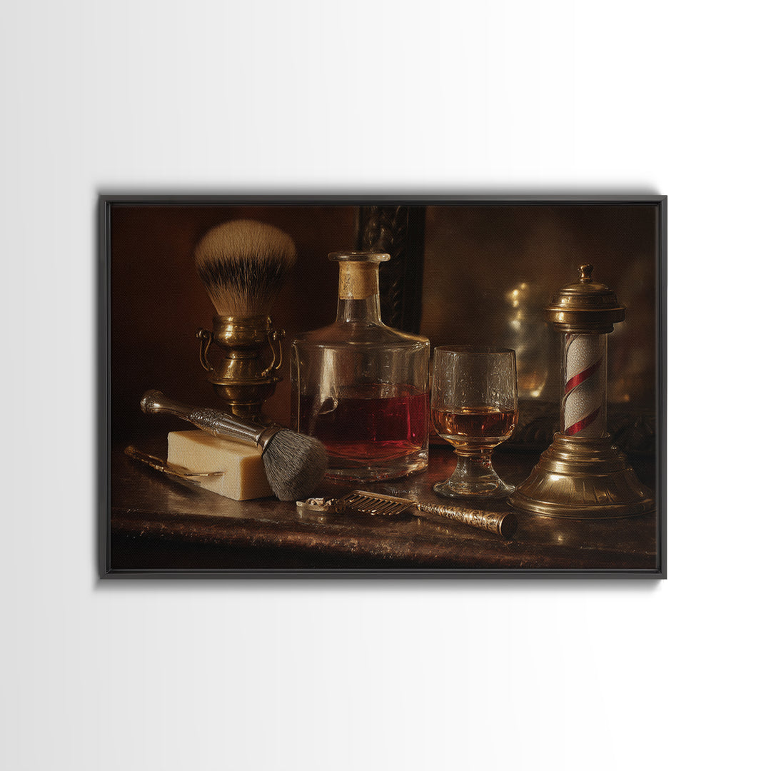 Whiskey and Straight Razor Masculine Still Life Canvas Print, Barbershop Art, Afrocentric Art, Barbershop Decor, Grooming, BAA-3x2-59