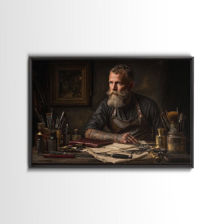 Tattooed Barber Portrait Framed Canvas Print, Barbershop Art, Art Print, Barbershop Decor, Grooming, African American Art, BAA-3x2-8