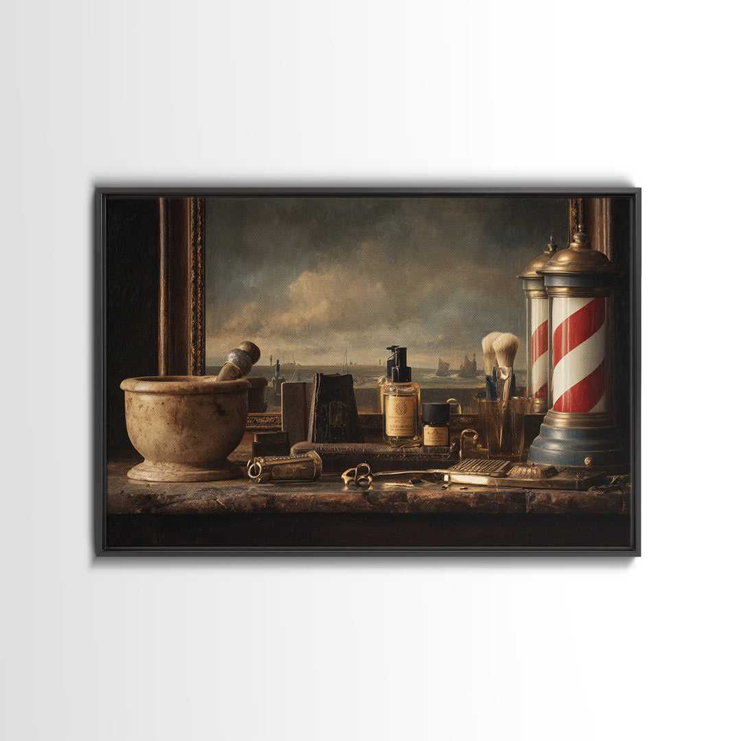 Antique Clippers and Combs on Worn Wood Framed Canvas Print, Barbershop Art, Living Room Art, Barbershop Decor, Grooming, BAA-3x2-85