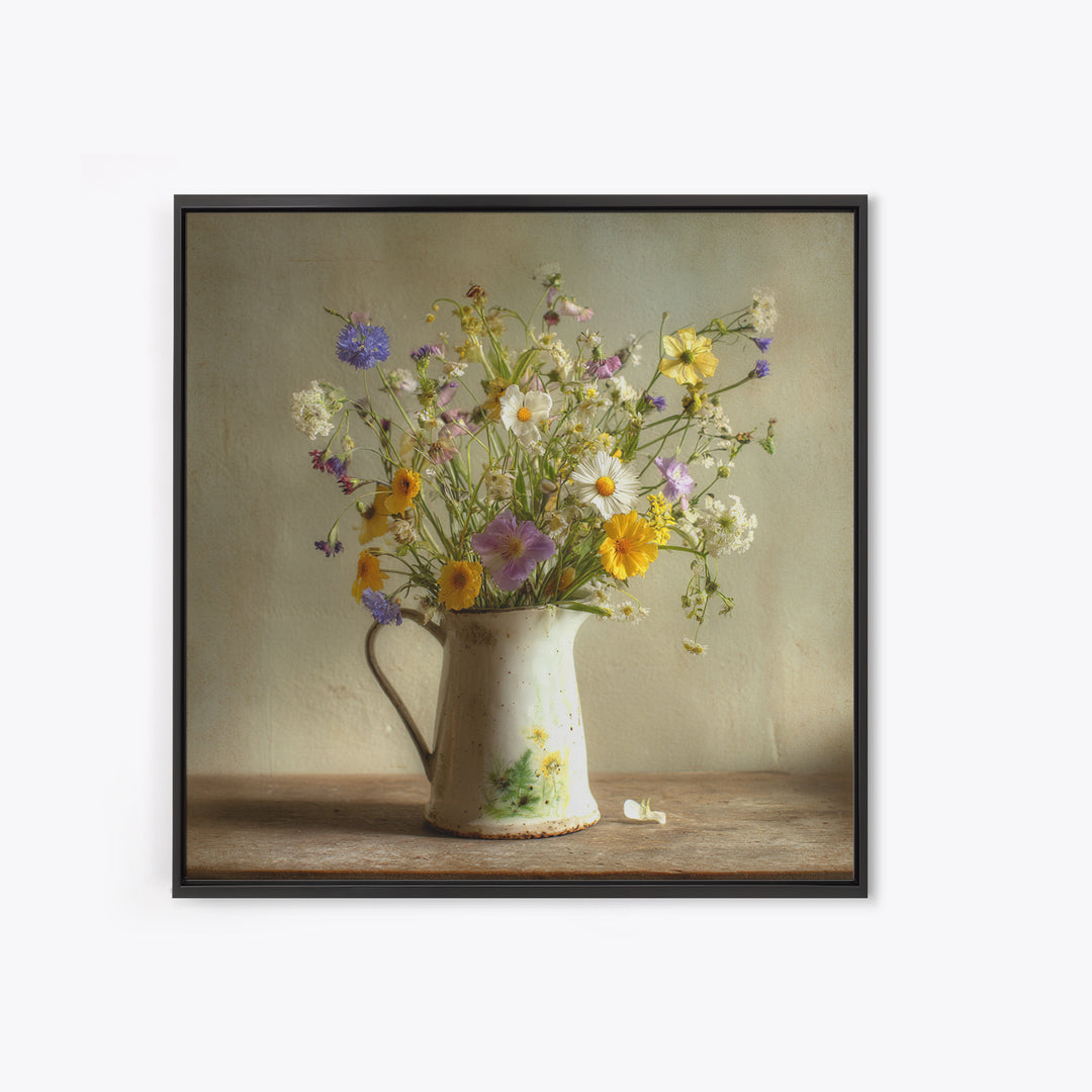 Country Wildflowers in a Chipped Ceramic Pitcher Canvas Print, Bed and Breakfast Art, Modern Decor, Living Room Decor, BAB-1x1-1