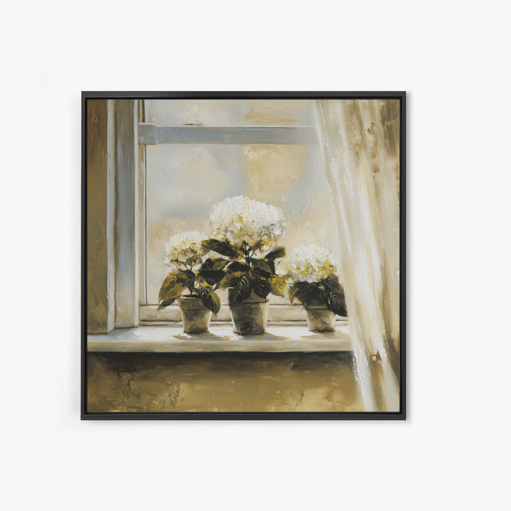 Sunlit Hydrangeas on a Windowsill Canvas Print, Bed and Breakfast Art, Trendy Wall Art, Living Room Decor, Fine Art, BAB-1x1-10