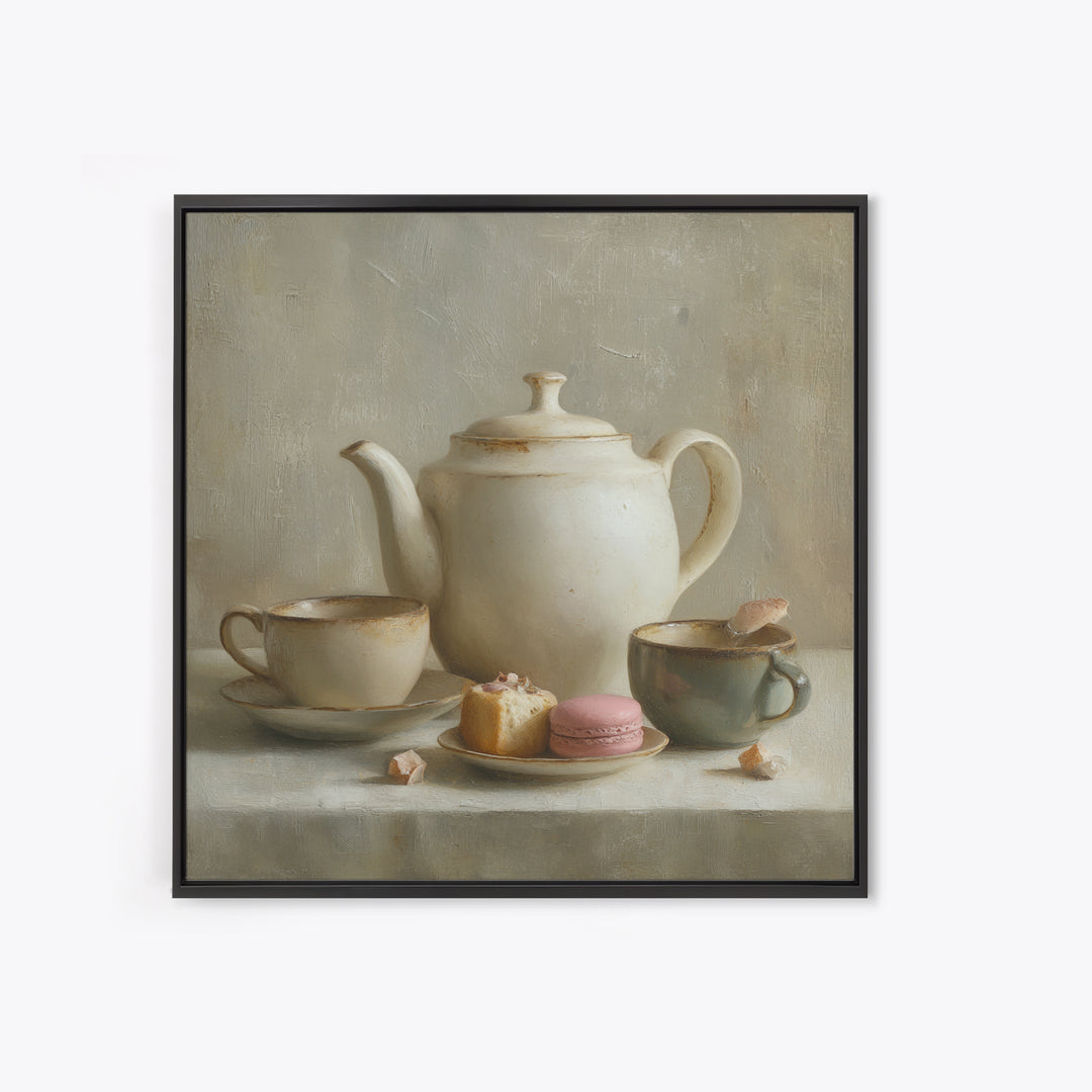 Porcelain Teapot and Scones Framed Canvas Print, Bed and Breakfast Art, Wall Decor, Living Room Decor, Fine Art, BAB-1x1-12