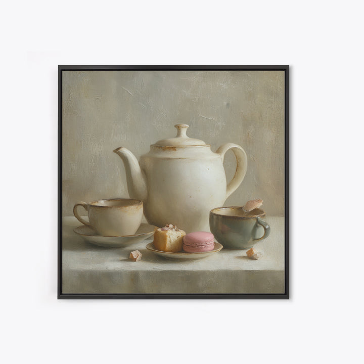 Porcelain Teapot and Scones Framed Canvas Print, Bed and Breakfast Art, Wall Decor, Living Room Decor, Fine Art, BAB-1x1-12