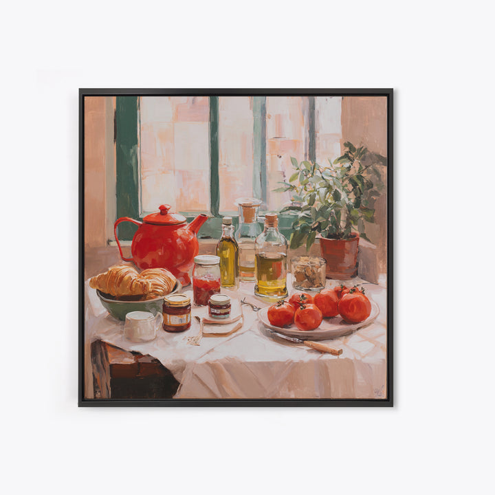 Fresh Croissants and Jam on a Linen Framed Canvas Print, Bed and Breakfast Art, Above Bed Decor, Living Room Decor, Fine Art, BAB-1x1-2