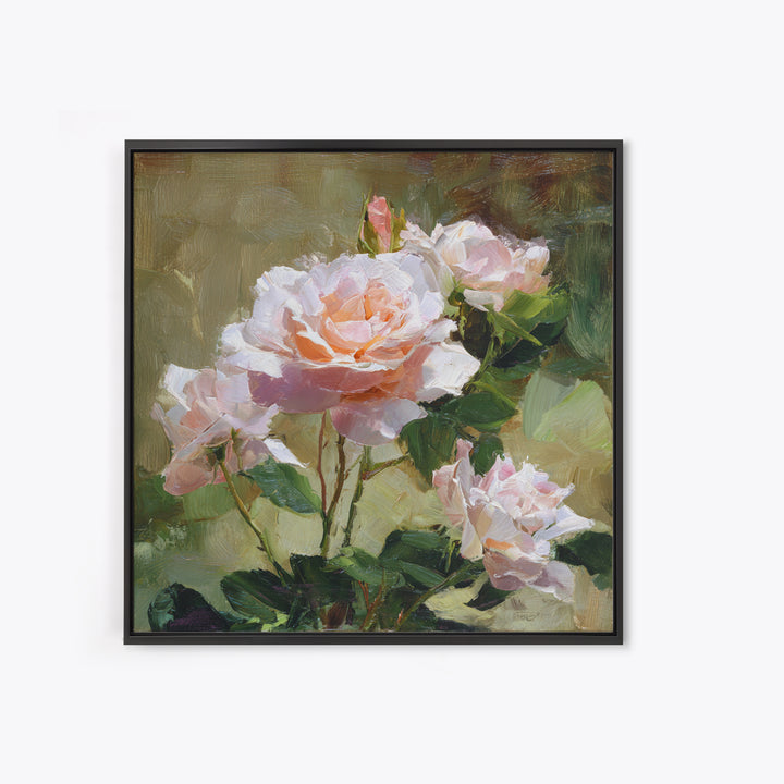 Garden Roses in Romantic Oil Paint Framed Canvas Print, Bed and Breakfast Art, Neutral Decor, Living Room Decor, Oil Painting, BAB-1x1-21