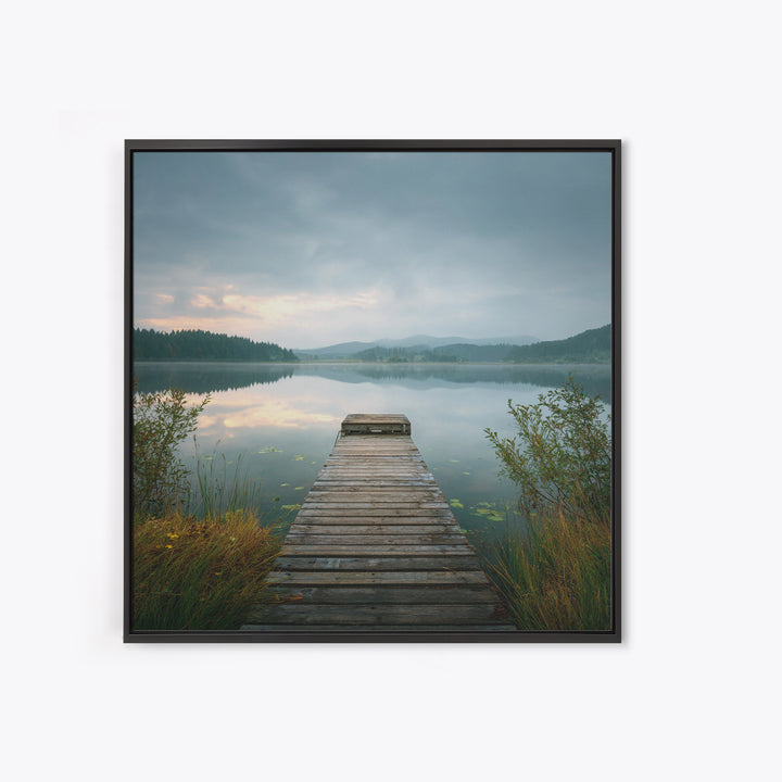 Quiet Lake Dock at Early Morning Canvas Print, Bed and Breakfast Art, Farmhouse Wall Decor, Living Room Decor, Fine Art, BAB-1x1-22