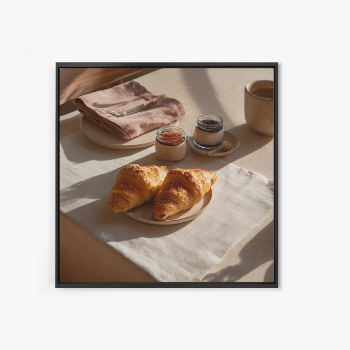 Fresh Croissants and Jam on a Linen Canvas Print, Bed and Breakfast Art, Folk Art, Living Room Decor, Abstract Art, BAB-1x1-26
