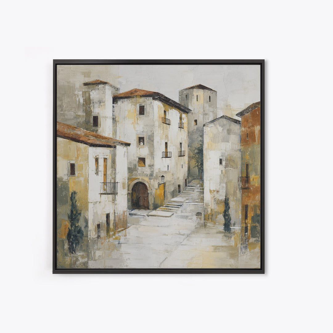 Soft Watercolor Village Street at Dawn Canvas Print, Bed and Breakfast Art, Textured Painting, Living Room Decor, BAB-1x1-29