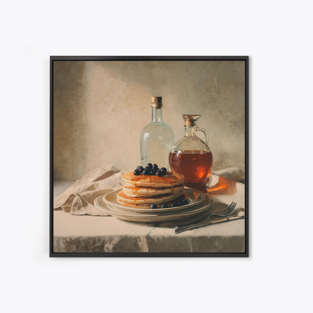 Blueberry Pancakes Still Life Framed Canvas Print, Bed and Breakfast Art, Gallery Decor, Living Room Decor, Fine Art, BAB-1x1-32