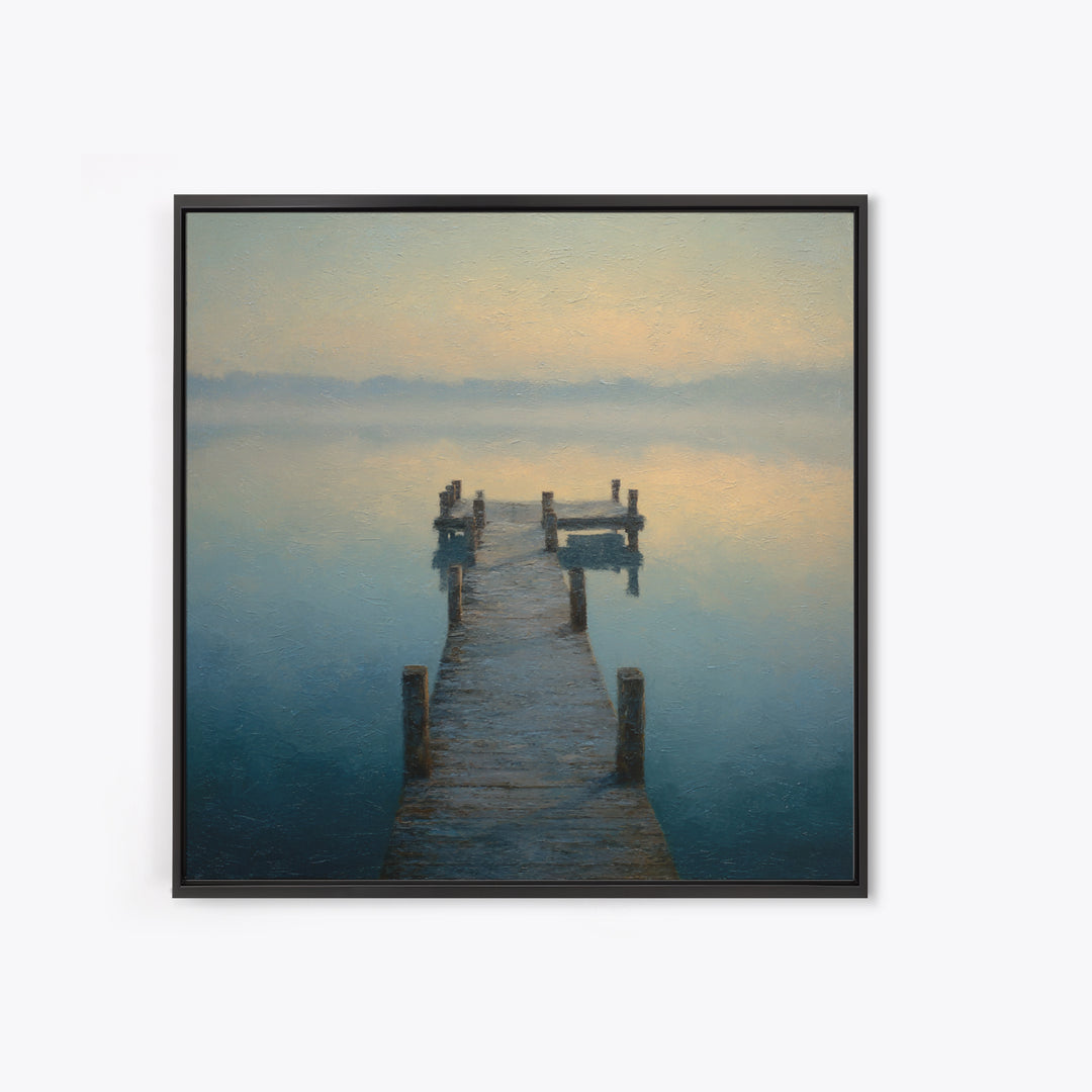 Quiet Lake Dock at Early Morning Framed Canvas Print, Bed and Breakfast Art, Coffee Wall Art, Living Room Decor, Oil Painting, BAB-1x1-46
