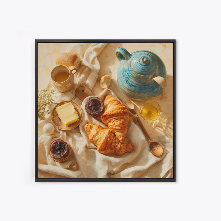 Fresh Croissants and Jam on a Linen Canvas Print, Bed and Breakfast Art, Folk Art, Living Room Decor, Abstract Art, BAB-1x1-50