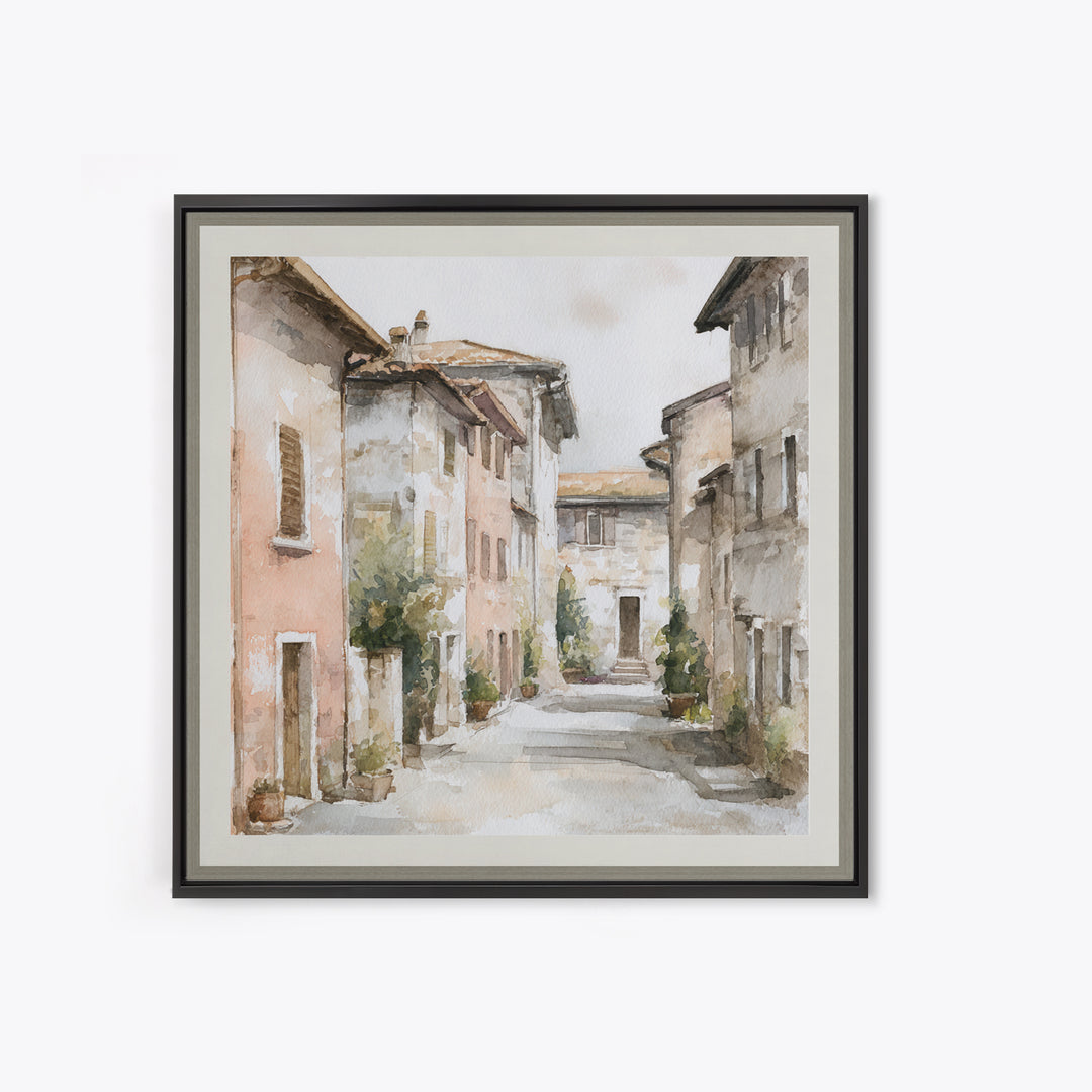 Soft Watercolor Village Street at Dawn Canvas Print, Bed and Breakfast Art, Textured Painting, Living Room Decor, BAB-1x1-53