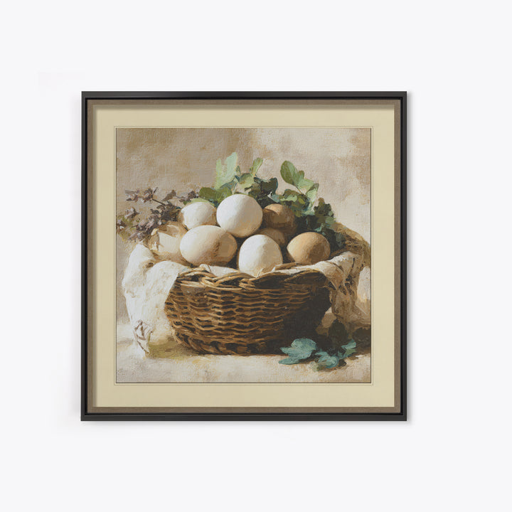 Fresh Eggs in a Woven Basket with Canvas Print, Bed and Breakfast Art, Bedroom Art, Living Room Decor, Oil Painting, BAB-1x1-54