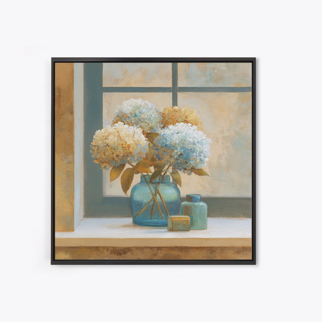Sunlit Hydrangeas on a Windowsill Canvas Print, Bed and Breakfast Art, Rustic Home Decor, Living Room Decor, BAB-1x1-58