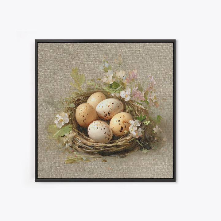 Fresh Eggs in a Woven Basket with Framed Canvas Print, Bed and Breakfast Art, Coffee Art, Living Room Decor, Watercolor Art, BAB-1x1-6
