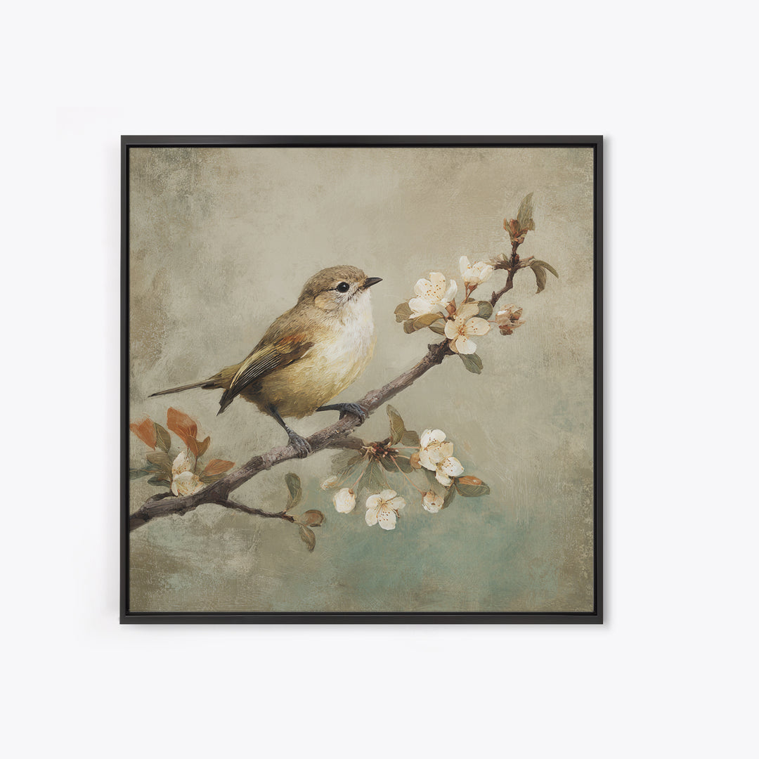 Small Bird on a Flowering Branch Framed Canvas Print, Bed and Breakfast Art, Gallery Decor, Living Room Decor, Fine Art, BAB-1x1-62