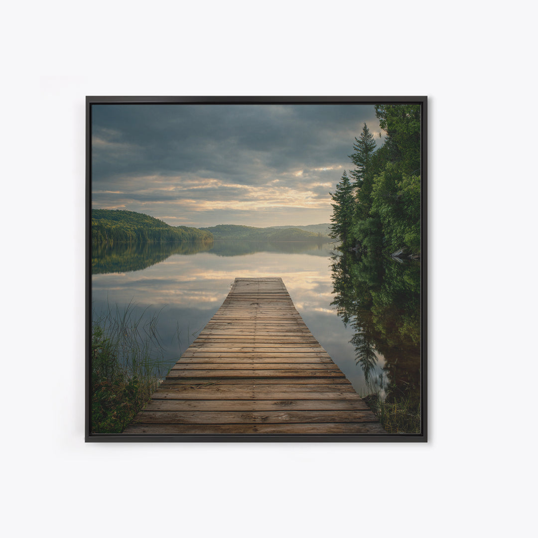 Quiet Lake Dock at Early Morning Framed Canvas Print, Bed and Breakfast Art, Coffee Wall Art, Living Room Decor, Oil Painting, BAB-1x1-70