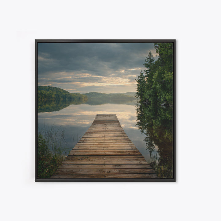 Quiet Lake Dock at Early Morning Framed Canvas Print, Bed and Breakfast Art, Coffee Wall Art, Living Room Decor, Oil Painting, BAB-1x1-70