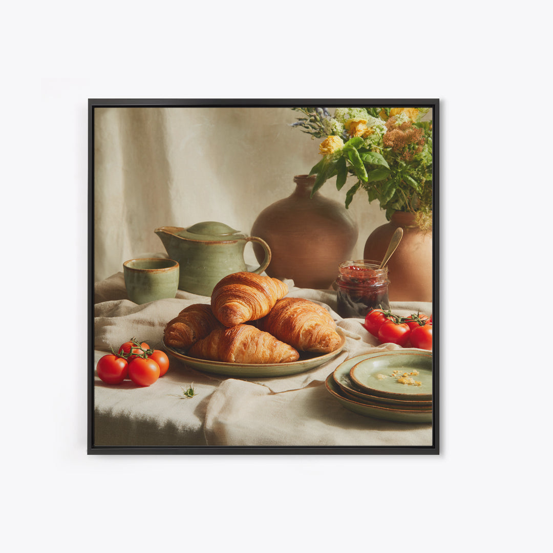 Fresh Croissants and Jam on a Linen Framed Canvas Print, Bed and Breakfast Art, Fine Art Print, Living Room Decor, Abstract Art, BAB-1x1-74