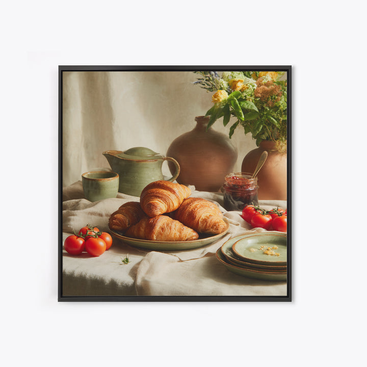 Fresh Croissants and Jam on a Linen Framed Canvas Print, Bed and Breakfast Art, Fine Art Print, Living Room Decor, Abstract Art, BAB-1x1-74