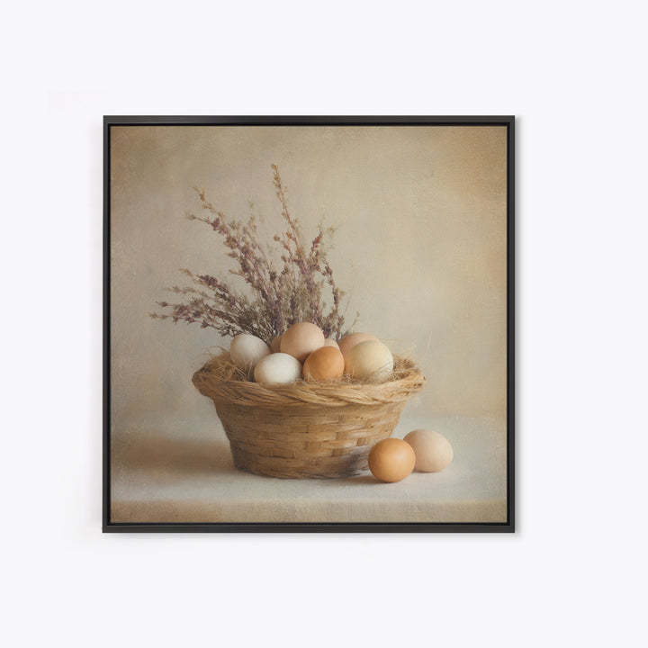 Fresh Eggs in a Woven Basket with Framed Canvas Print, Bed and Breakfast Art, Statement Artwork, Living Room Decor, Fine Art, BAB-1x1-78