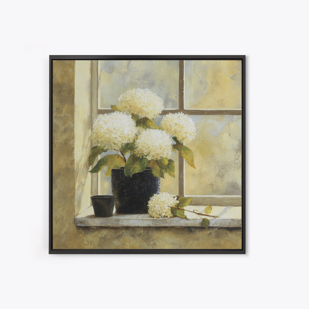 Sunlit Hydrangeas on a Windowsill Canvas Print, Bed and Breakfast Art, Boho Decor, Living Room Decor, Oil Painting, BAB-1x1-82