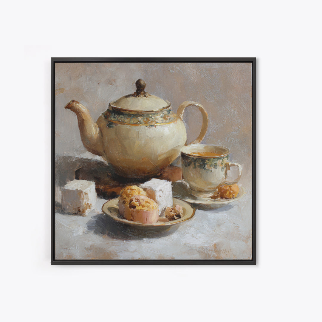 Porcelain Teapot and Scones Framed Canvas Print, Bed and Breakfast Art, Bedroom Prints, Living Room Decor, Abstract Art, BAB-1x1-84