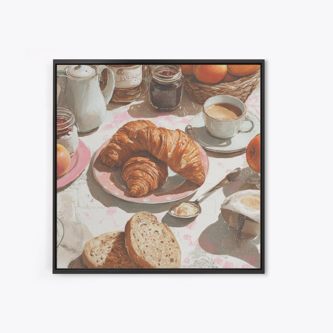 Fresh Croissants and Jam on a Linen Canvas Print, Bed and Breakfast Art, Textured Painting, Living Room Decor, Abstract Art, BAB-1x1-98