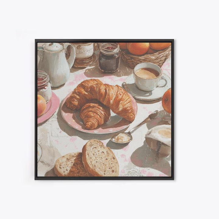 Fresh Croissants and Jam on a Linen Canvas Print, Bed and Breakfast Art, Textured Painting, Living Room Decor, Abstract Art, BAB-1x1-98