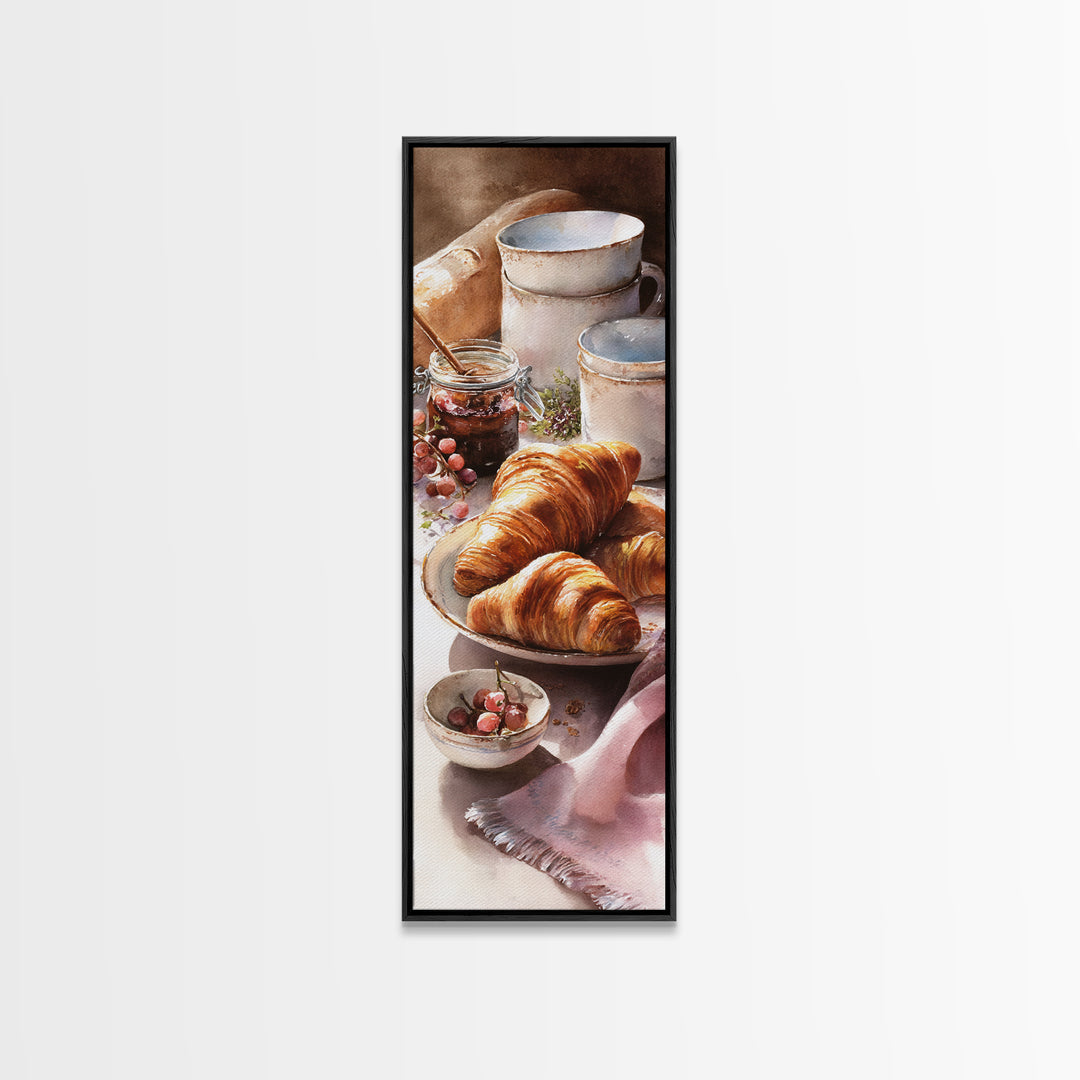 Fresh Croissants and Jam on a Linen Canvas Print, Bed and Breakfast Art, Gallery Decor, Living Room Decor, Fine Art, BAB-1x3-14