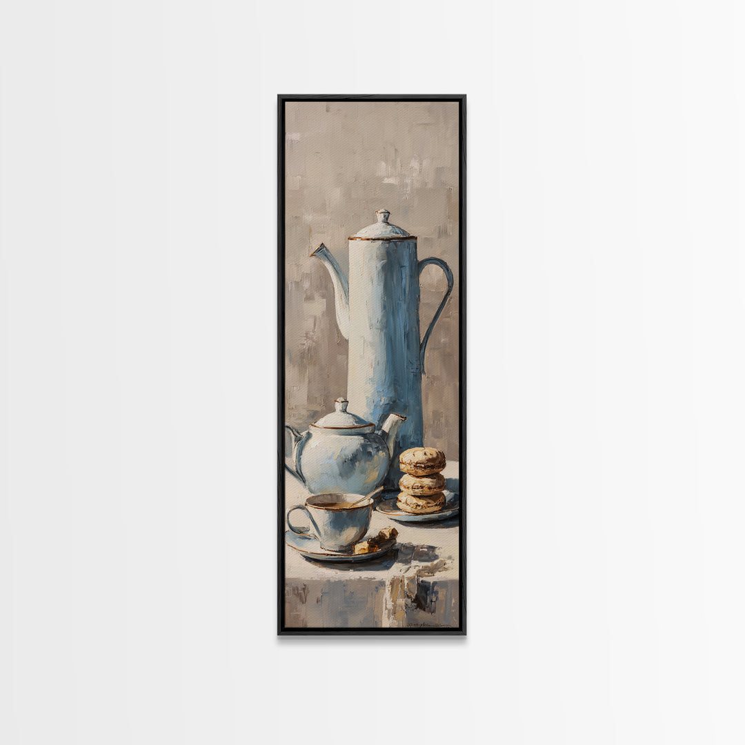 Porcelain Teapot and Scones Framed Canvas Print, Bed and Breakfast Art, Wall Decor, Living Room Decor, Fine Art, BAB-1x3-24
