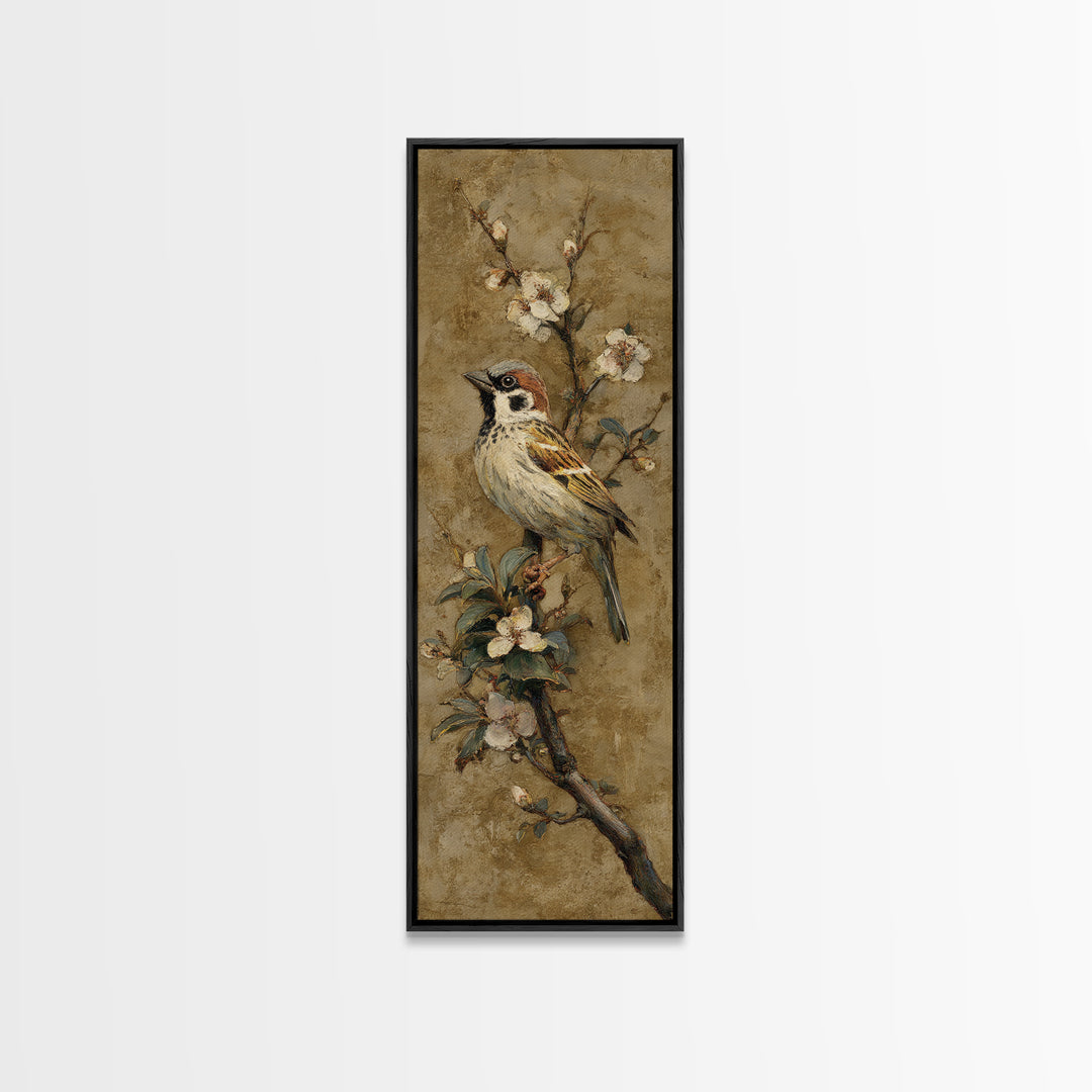 Small Bird on a Flowering Branch Canvas Print, Bed and Breakfast Art, Folk Art, Living Room Decor, Watercolor Art, BAB-1x3-26