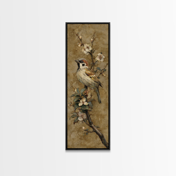 Small Bird on a Flowering Branch Canvas Print, Bed and Breakfast Art, Folk Art, Living Room Decor, Watercolor Art, BAB-1x3-26