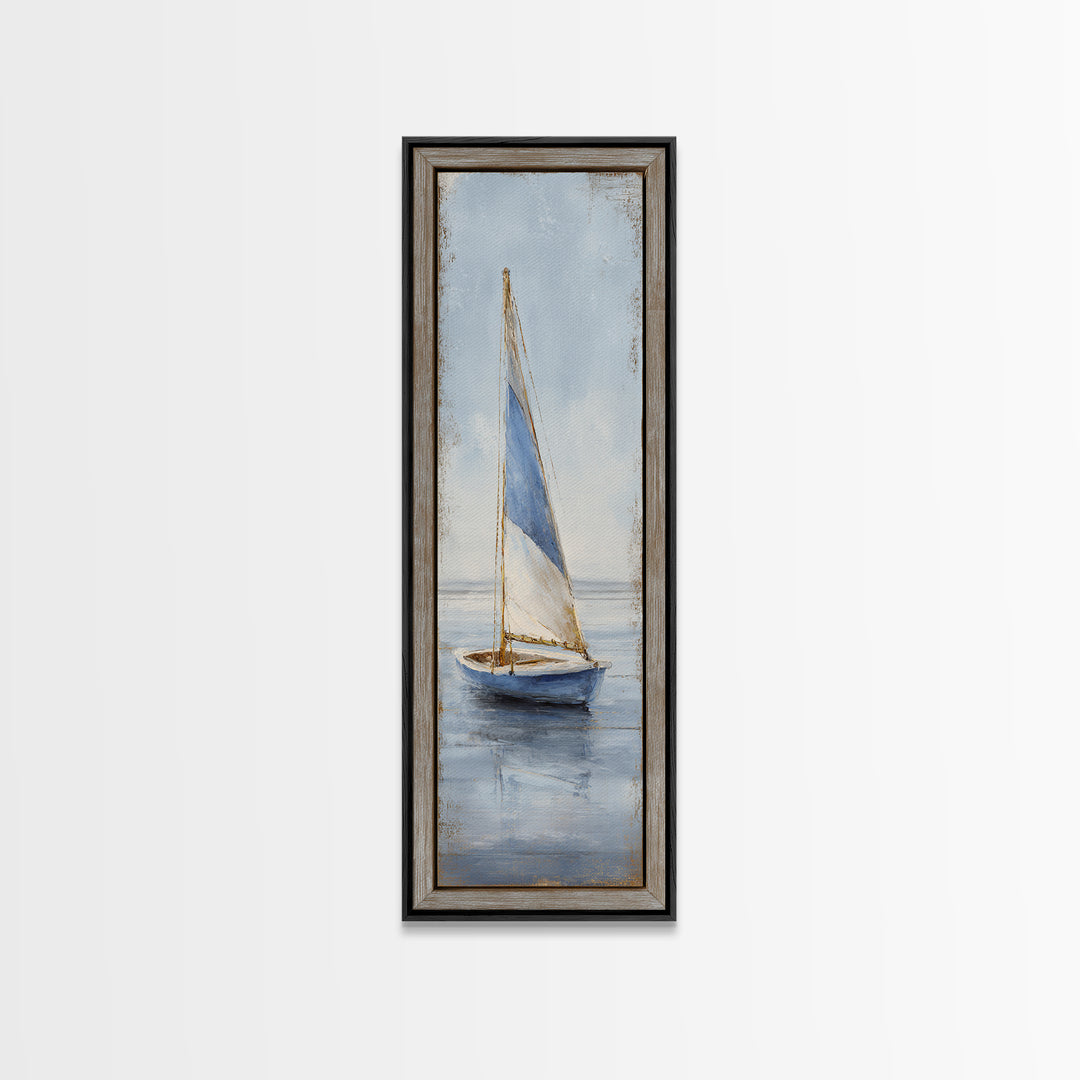 Coastal Inn Sailboat at Sunrise Framed Canvas Print, Bed and Breakfast Art, Textured Painting, Living Room Decor, Fine Art, BAB-1x3-29