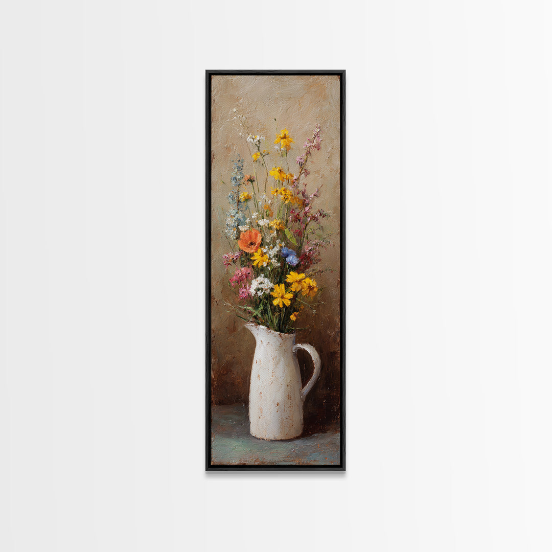 Country Wildflowers in a Chipped Ceramic Pitcher Canvas Print, Bed and Breakfast Art, Minimalist Decor, Living Room Decor, BAB-1x3-37