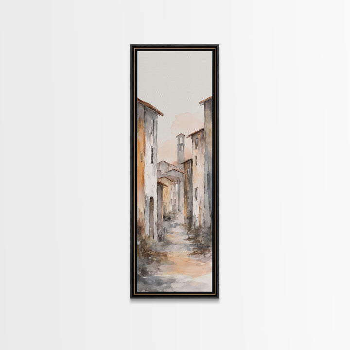 Soft Watercolor Village Street at Dawn Canvas Print, Bed and Breakfast Art, Farmhouse Wall Art, Living Room Decor, Fine Art, BAB-1x3-41