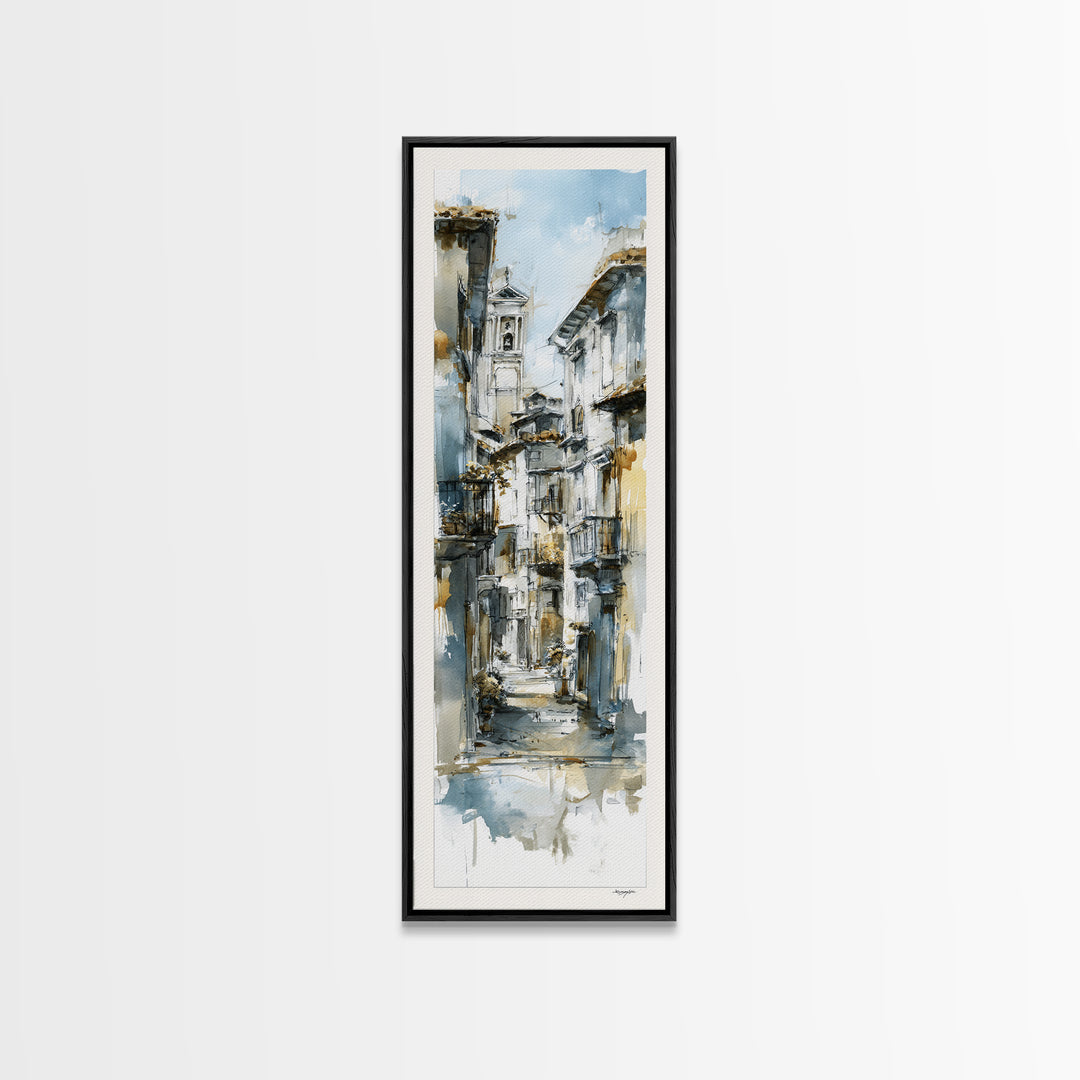 Soft Watercolor Village Street at Dawn Canvas Print, Bed and Breakfast Art, Print, Living Room Decor, Fine Art, BAB-1x3-65