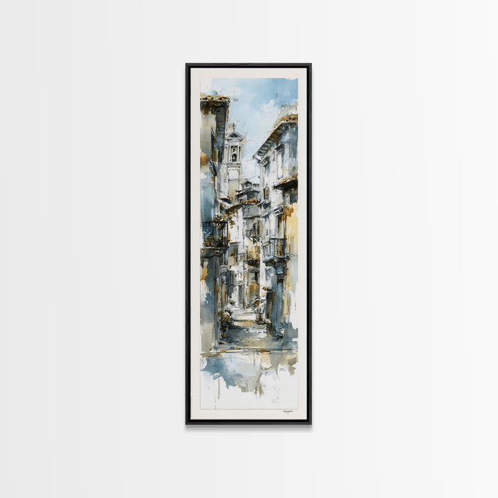Soft Watercolor Village Street at Dawn Canvas Print, Bed and Breakfast Art, Print, Living Room Decor, Fine Art, BAB-1x3-65