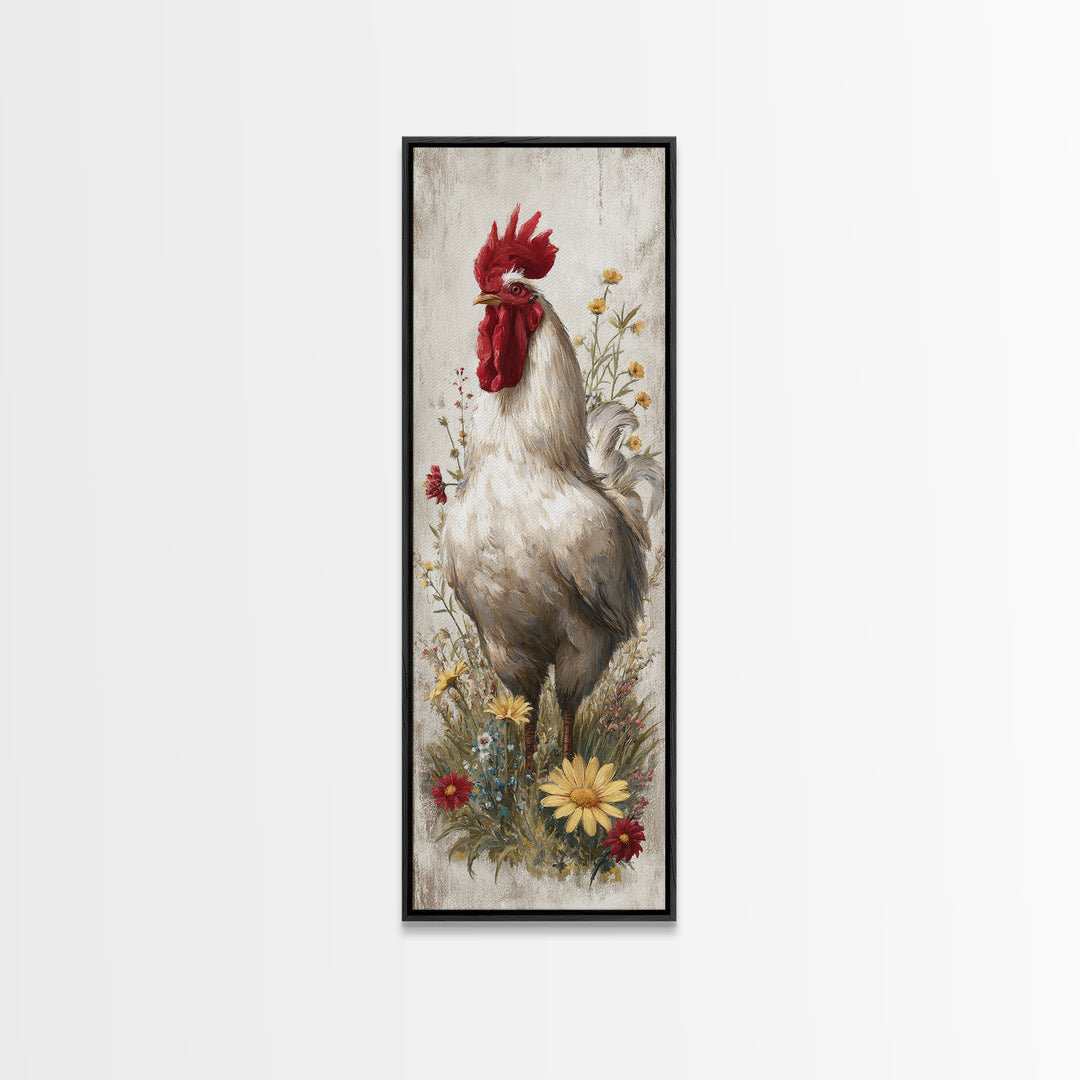 Rooster and Wildflower Country Portrait Canvas Print, Bed and Breakfast Art, Coffee Wall Art, Living Room Decor, BAB-1x3-79