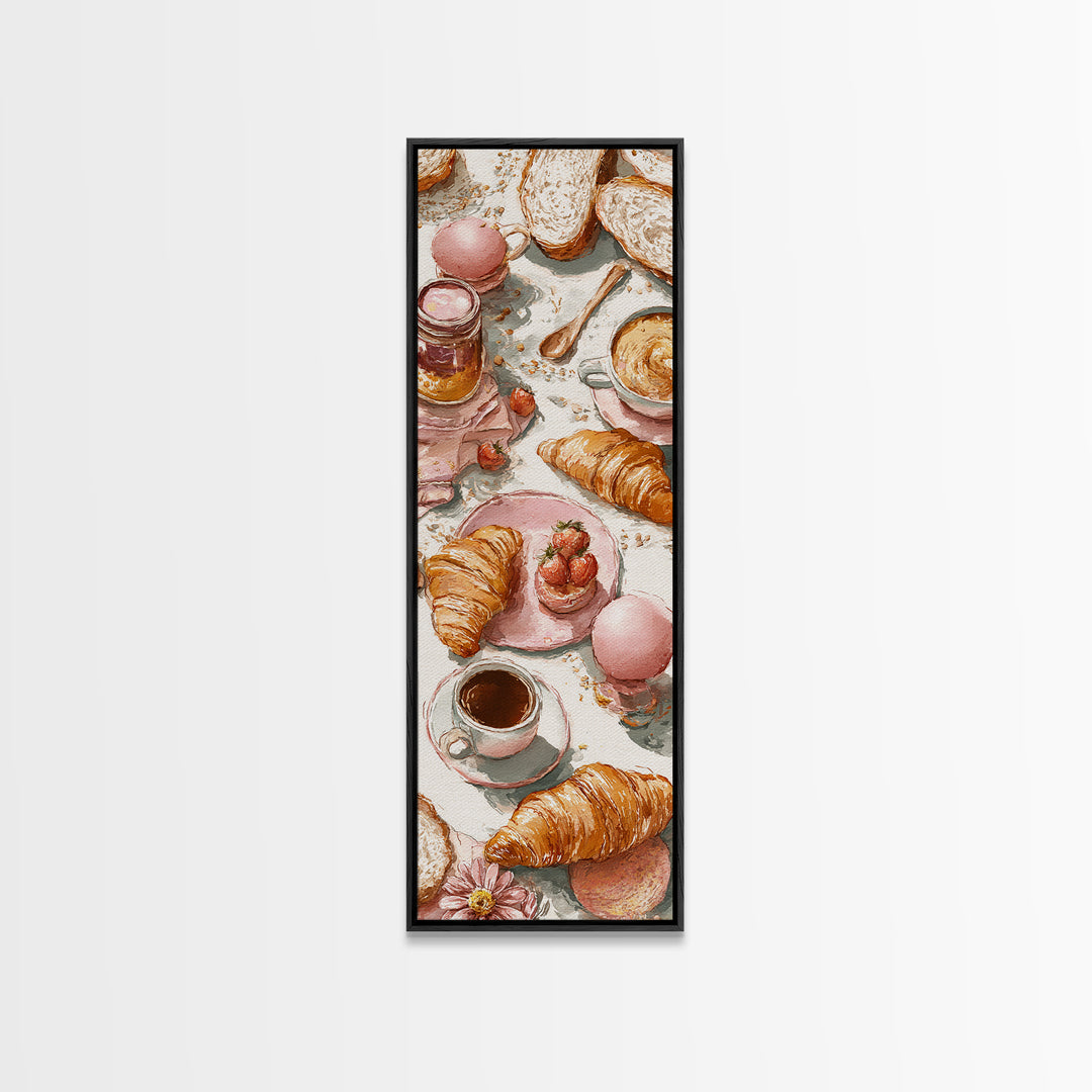 Fresh Croissants and Jam on a Linen Canvas Print, Bed and Breakfast Art, Contemporary Art, Living Room Decor, Abstract Art, BAB-1x3-86