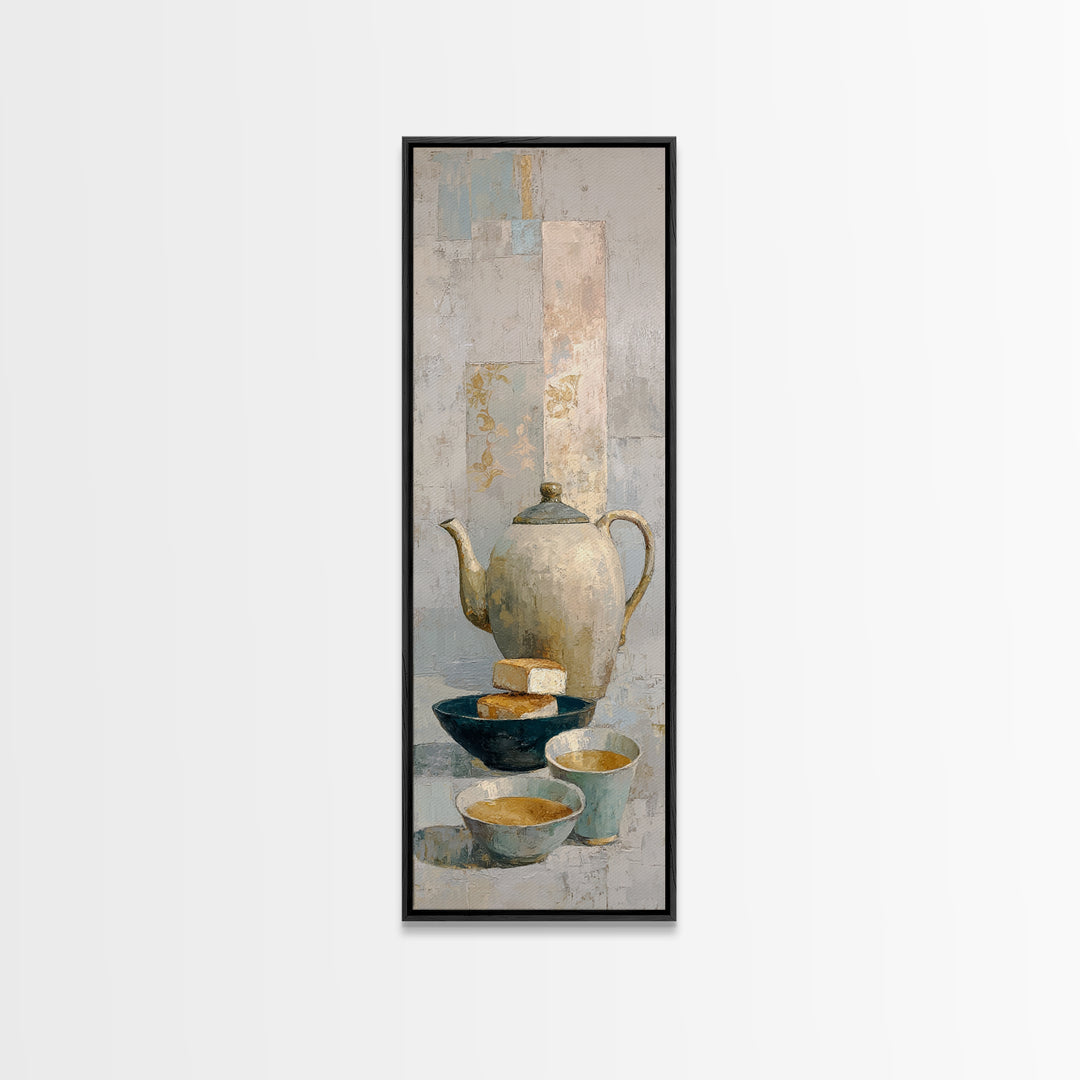 Porcelain Teapot and Scones Framed Canvas Print, Bed and Breakfast Art, Bedroom Prints, Living Room Decor, Abstract Art, BAB-1x3-96