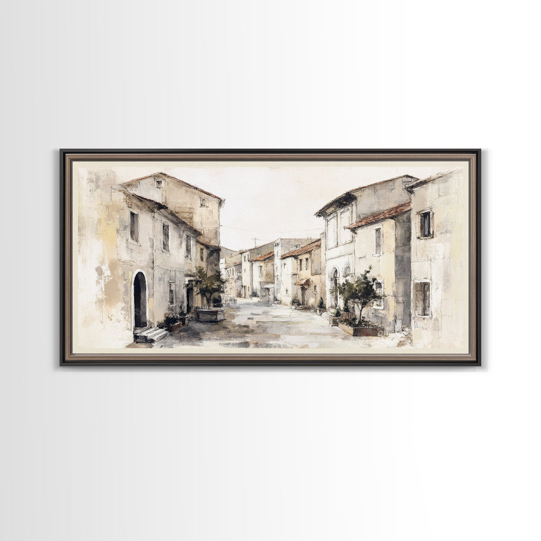 Soft Watercolor Village Street at Dawn Framed Canvas Print, Bed and Breakfast Art, Printable, Living Room Decor, Fine Art, BAB-2x1-1