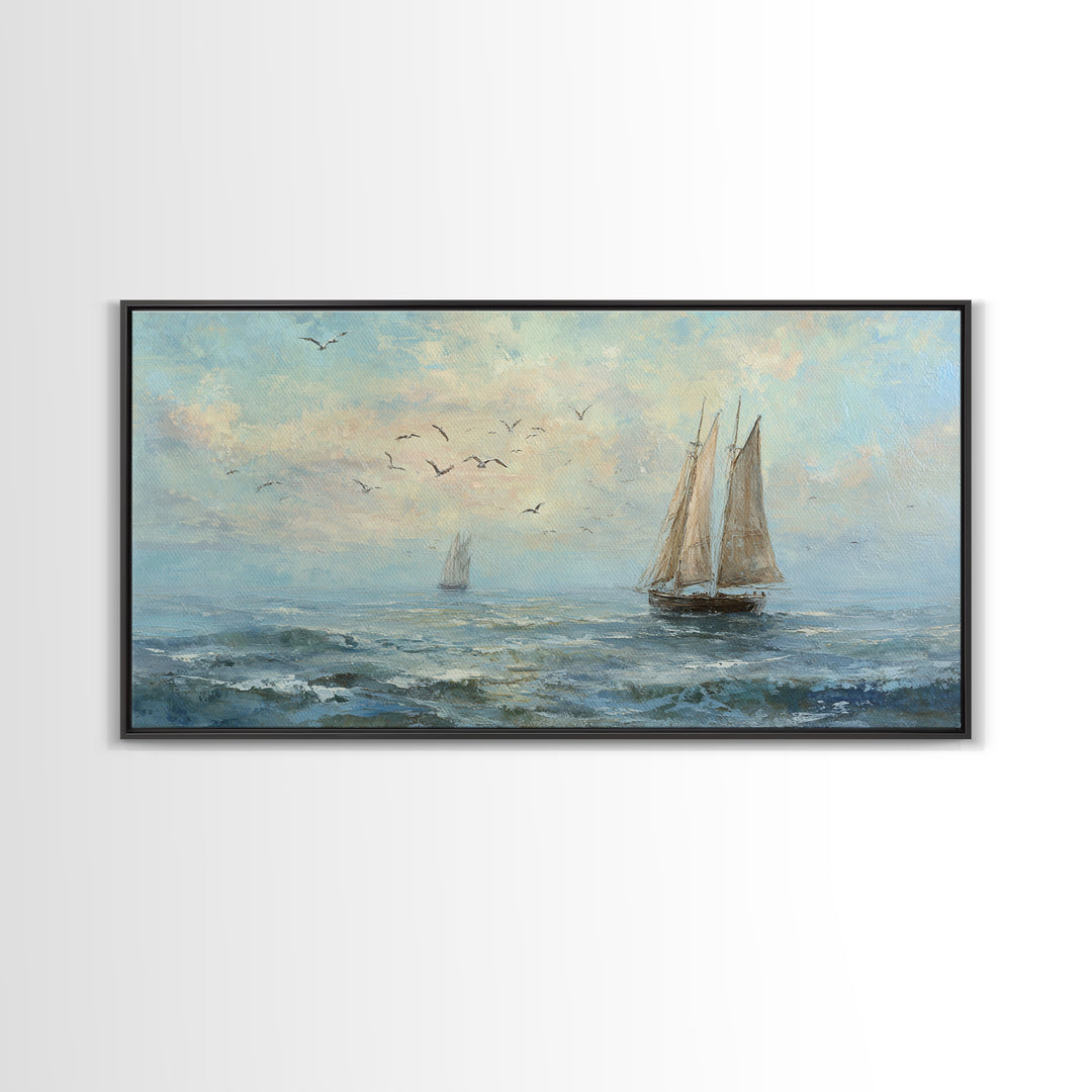 Coastal Inn Sailboat at Sunrise Framed Canvas Print, Bed and Breakfast Art, Print, Living Room Decor, Fine Art, BAB-2x1-13