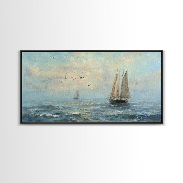 Coastal Inn Sailboat at Sunrise Framed Canvas Print, Bed and Breakfast Art, Print, Living Room Decor, Fine Art, BAB-2x1-13
