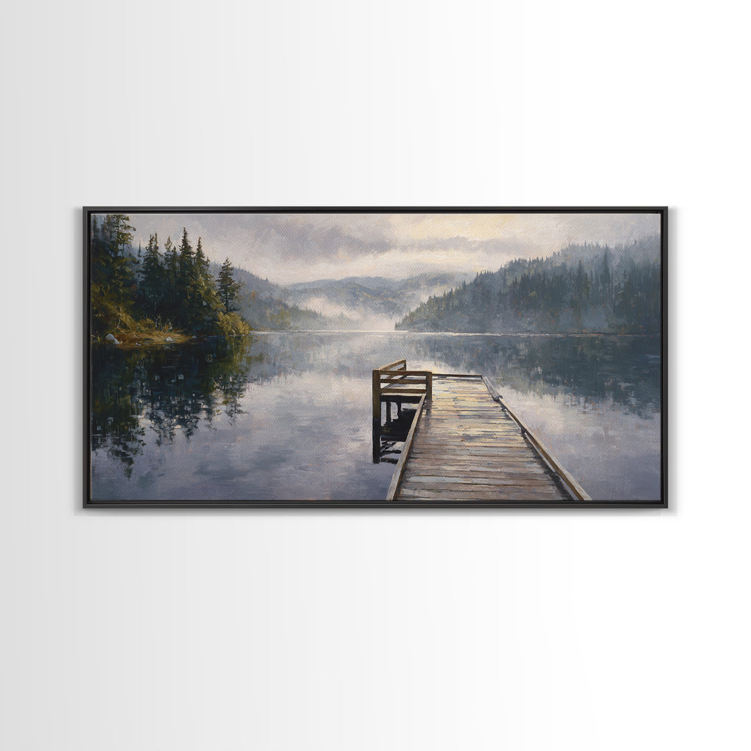 Quiet Lake Dock at Early Morning Framed Canvas Print, Bed and Breakfast Art, Room Decor, Living Room Decor, Fine Art, BAB-2x1-18