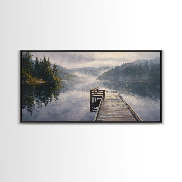 Quiet Lake Dock at Early Morning Framed Canvas Print, Bed and Breakfast Art, Room Decor, Living Room Decor, Fine Art, BAB-2x1-18
