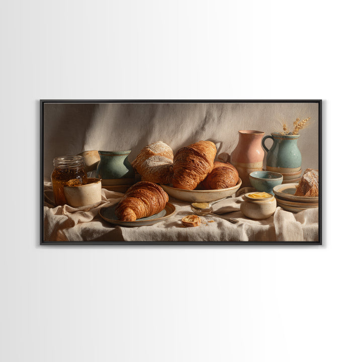 Fresh Croissants and Jam on a Linen Canvas Print, Bed and Breakfast Art, Textured Painting, Living Room Decor, Abstract Art, BAB-2x1-22