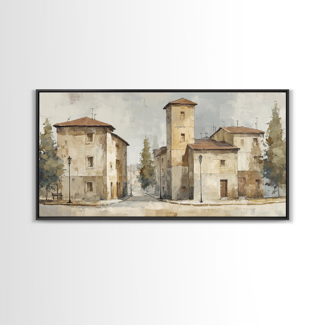 Soft Watercolor Village Street at Dawn Framed Canvas Print, Bed and Breakfast Art, Printable, Living Room Decor, Fine Art, BAB-2x1-25